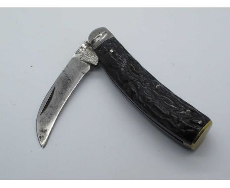 Flat Brass Bottom Pruner, Saynor, Sheffield, stag scales, slight wobble, 10cm.