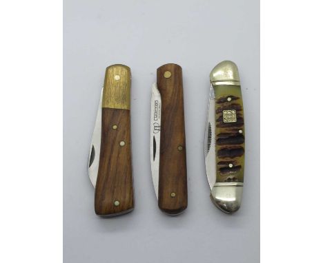 M-May Sheffield, one blade, wooden scales, brass bolster, brass linings 9cm, cudeman, single blade, wood scales 9cm, rams hor