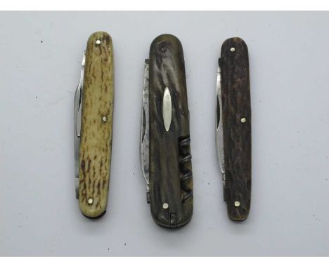 Rodgers, Sheffield, three blades, stag scales, brass linings, 8.5cm, F. Mosley and Sons, two blades, stag scales, corkscrew, 