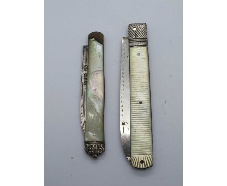 Vintage silver fruit knives, MOP scales, white metal bolster 16cm 13cm open. Damages.