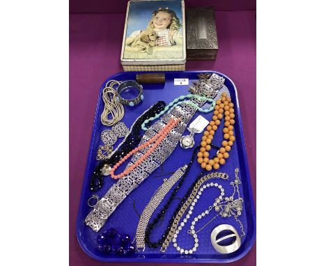 Vintage and Later Costume Jewellery, including Art Deco style brooch watch, assorted bead necklaces, decorative plated ladies