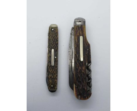 Underwood (Bradford), two blades, stag scales, saw, awl, borer, corkscrew, tweezers, spike 10.5cm, Winfield and Co Sheffield,