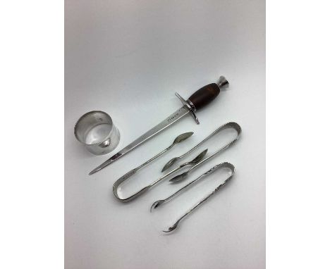 A Modern Hallmarked Silver 'Dagger' Letter Opener, London 1992, 20.3cm long; together with two pairs of plated sugar tongs, '