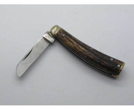Saynor Sheffield brass flat bottom knife, stag scales, brass bolster, very strong snapping on opening and shutting (no wobble