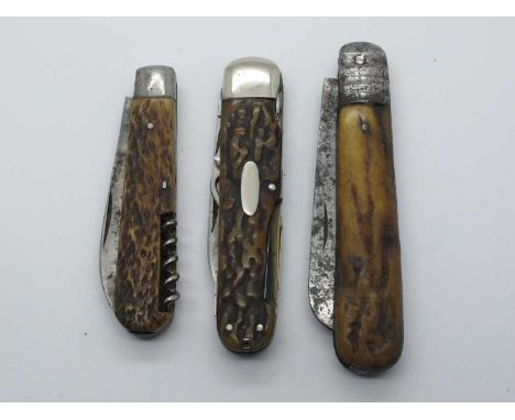 Smith and Son, Scarborough, two blades, stag scales, screwdriver, button hook, awl, nail file, corkscrew, borer, tweezer plus