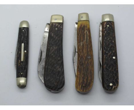 George Wostenholm, jigged scales, two blades n/s bolsters, brass linings, 7cm, Marples and Co, stag scales, two blades, n/s b