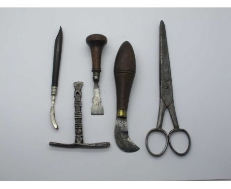 Unusual tools - knife, chisel, scraper, key and scissors. (5)