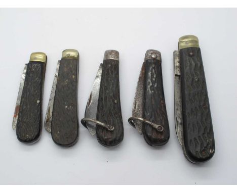 Slater, Sheffield, jigged scales, two blades, brass bolster 12cm, Eye Witness jigged scales, one blade 9cm, J. Nowill, Sheffi