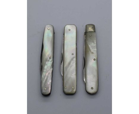 Harrison Fisher and Co, Sheffield, three blades, nail file, mother of pearl scales, work back, brass linings, 8cm. Marples an