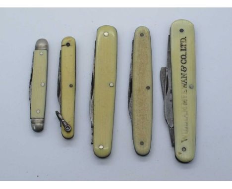 Pocket Knives Faux Ivory Scales, Daum Brothers, Sheffield, Steer and Wester, Eye Witness, two blades, two others (5).