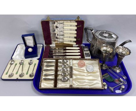 A Set of Art Deco Style Hallmarked Silver Coffee Spoons, highlighted with green enamel; together with ivorine handled fish kn