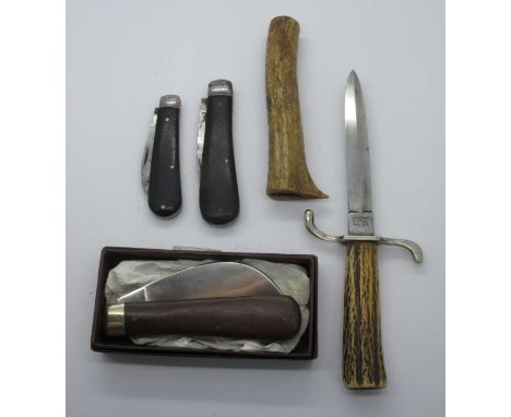A.Wright Pruner, wood scales, brass linings, n/s bolster (boxed), 10cm:- Joseph Rodgers single blade 7cm:- Taylor Eye Witness