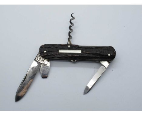 Brookes and Crookes, Sheffield, two blades, button hook, screwdriver, corkscrew, awl, tweezers, spike, stag scales, 9cm.