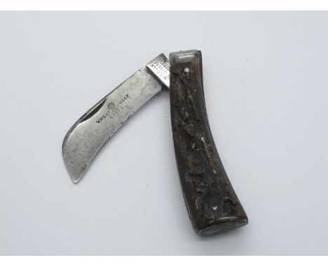 Flat Bottom Pruner, Wheatley Brothers, Sheffield, stag scales, clicks on open/close, no wobble, 9cm.