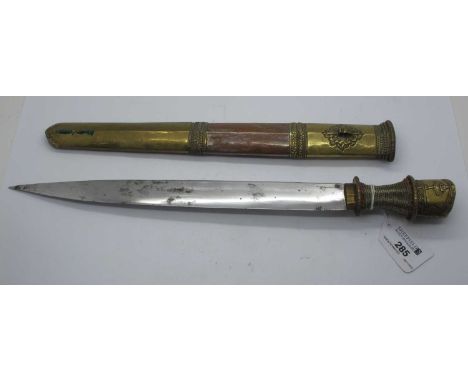 Ornate short sword/ dagger in brass and white metal wire, single edge blade 30cm, wood lined scabbard, overall length 40cm.