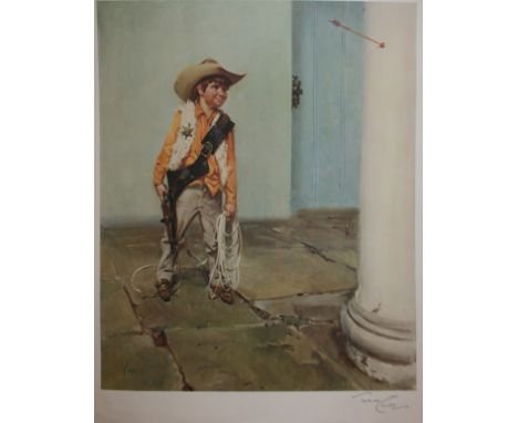 TERENCE CUNEO, SIGNED IN PENCIL TO MARGIN, ARTISTS COLOURED PROOF WITH PUBLISHERS BLIND STAMP,  Young Cowboy  18  x 16  UNFRA