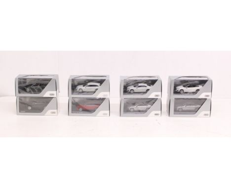 Minimax: A collection of eight cased and boxed 1:43 Scale Minimax Audi Collection vehicles. Seven examples are wrapped. Boxes