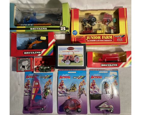 Britains: A collection of assorted Britains farm vehicles and accessories to include: Junior Farm Set, Police Helicopter, Out