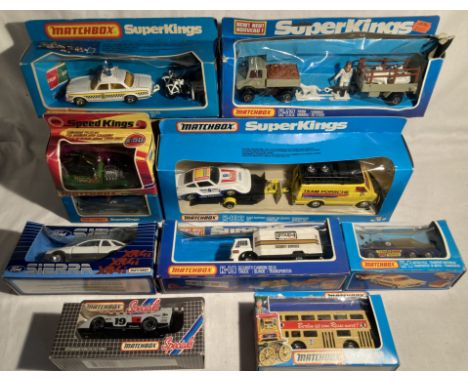 Matchbox: A collection of assorted Matchbox Superkings vehicles to include: Race Support Set K-102, Farm Unimog K-32, Jaguar 