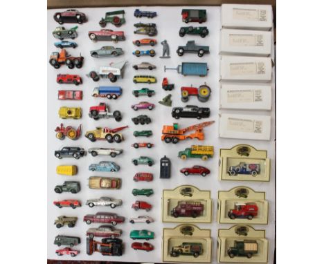 Diecast: A collection of assorted unboxed vintage diecast vehicles to include: Dinky, Corgi, Matchbox and other examples. Pla