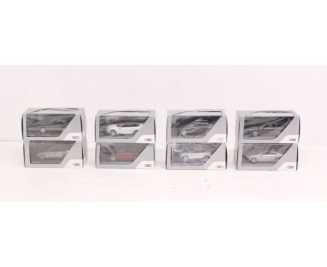 Minimax: A collection of eight cased and boxed 1:43 Scale Minimax Audi Collection vehicles. All eight examples are wrapped. B