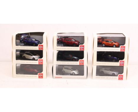 Nissan: A collection of nine boxed 1:43 Scale Nissan Model Car Collection vehicles. Original boxes. Vehicles appear mostly in