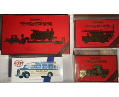 Matchbox: A collection of three boxed Matchbox Models of Yesteryear vehicles, together with a boxed Dinky Toys vehicle, to co