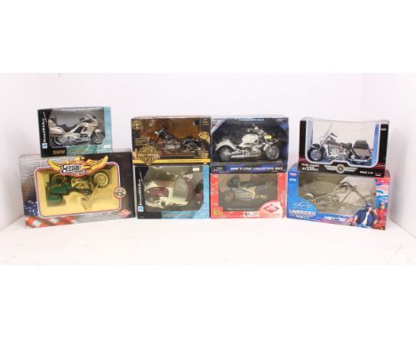 Diecast: A collection of eight 1:9 and 1:10 scale diecast model motorbikes to include: Guiloy, Road Legends, NewRay, ERTL and