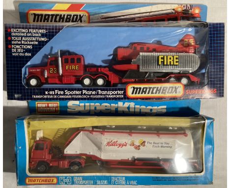 Matchbox: A pair of Matchbox Superkings vehicles, K-112 Fire Spotter Plane on Transporter and K-3 Kellogg&rsquo;s Grain Trans
