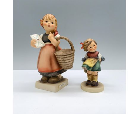 One features a young girl in a red headscarf and apron holding a basket and clutching a letter, while the other depicts a gir