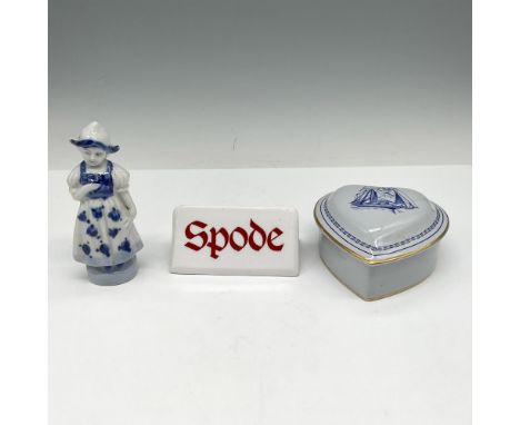 Lot includes heart shaped lidded box in pale blue with sail ship design - Spode backstamp, Spode Dealer sign and blue on whit