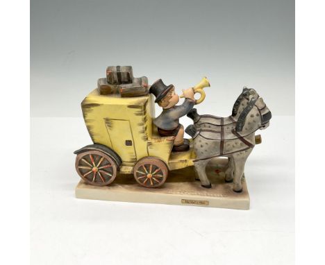Hand painted horse drawn carriage with young boy sounding the alert that mail is here. Hummel impressed mark and Goebel backs
