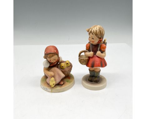 Sweet hand painted figures one with baby chicks, (57) Chick Girl and (81) School Girl. Hummel impressed mark - Goebel backsta