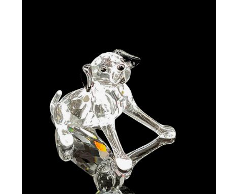 Designed with smooth and faceted crystal body with jet crystal eyes, nose and ears. Black spots accent the body. Swarovski ba