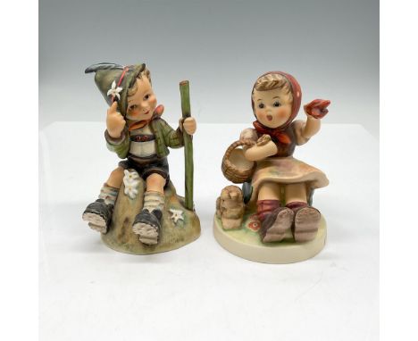 Set includes 2 porcelain figures, one leaving and one saying farewell. Soft glossy finish over browns, green and orange. Humm