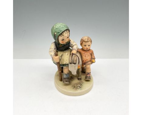 Young children walking with goat, glossy finish over orange, green and cream. Hummel impressed mark - Goebel backstamp. 334. 