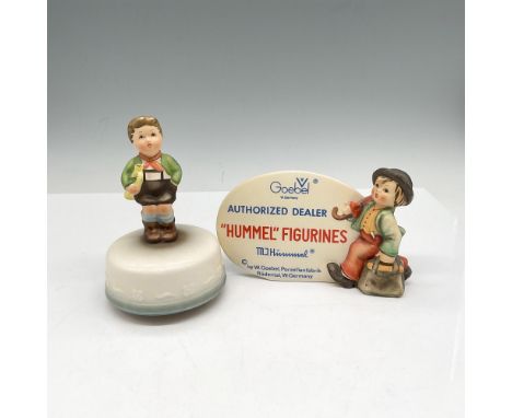 Schmid Music Box plays Hark the Herald with figurine ready to play his instrument - Schmid sticker. Goebel Dealer display sig