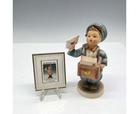 Framed Postman stamp - Limited edition 498 of 10000. Hummel backstamp. Figurine of same, colored in blue, brown and red. Humm