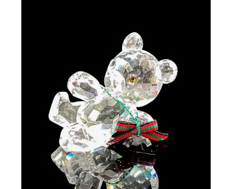 Clear faceted crystal figural with red and green bow tie. Swarovski backstamp. 7637 000 001. This item has its original box: 