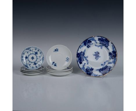 Eight saucers with two different blue floral patterns, 5.25" dia and 5.75" dia; Royal Copenhagen backstamp. Dinner plate with