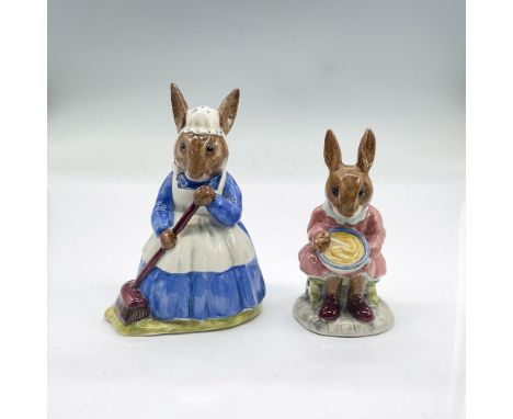 Mrs. Bunnykins Clean Sweep DB6 in blue dress and white apron holding a broom sweeping; 3"L x 2"W x 4"H. Little Buntie Helping