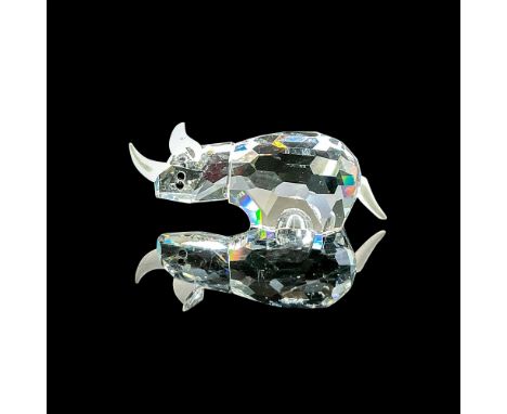 Clear faceted crystal figure of a rhino with frosted horns. Swarovski mark. Item number 7622NR060000. Part of the African Wil