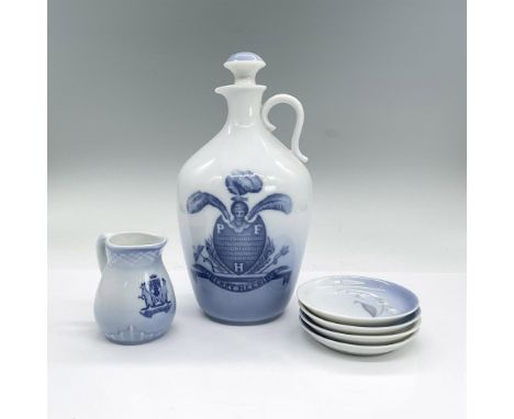 Cherry Heering liqueur decanter with coat of arms decoration; 4"L x 4"W x 8"H. Small pitcher 3"L x 2.25"W x 3"H. Four small r