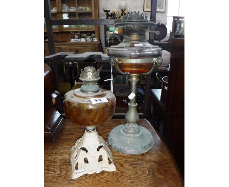 A VICTORIAN BRASS OIL LAMP, with a cut glass reservoir and another similar