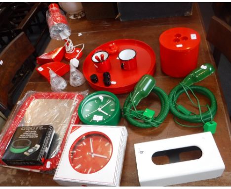 HABITAT: A COLLECTION OF 1970S/80S 'CRAYONNE' RANGE in red, to include trays, clocks, a desk lamp and similar items of the pe