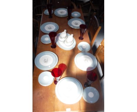 A QUANTITY OF ROYAL DOULTON 'ROSE ELEGANS' DESIGN DINNERWARE and a collection of ruby glasses