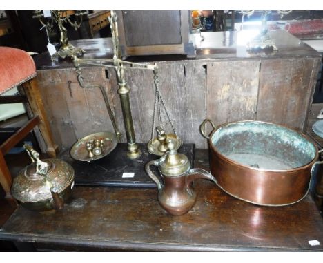 A SET OF 19TH CENTURY BRASS SCALES  on a mahogany base and a collection of similar brassware