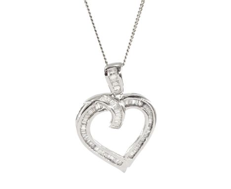 10ct white gold tapered baguette cut diamond heart shaped pendant, stamped, on silver chain necklaceCondition Report:Approx 3