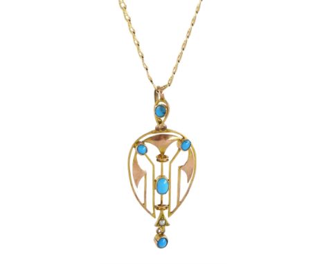 Early 20th century Art Noveau turquoise and seed pearl pendant, stamped 9ct, on later 9ct gold anchor link chain necklace, ha