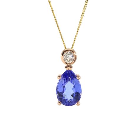 18ct rose gold pear shaped tanzanite and round brilliant cut diamond pendant, on 18ct yellow gold necklace, tanzanite carat 2